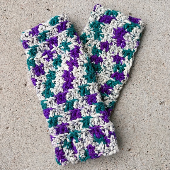 Accessories - Handmade Crochet Teal, Purple, and White Fingerless Gloves